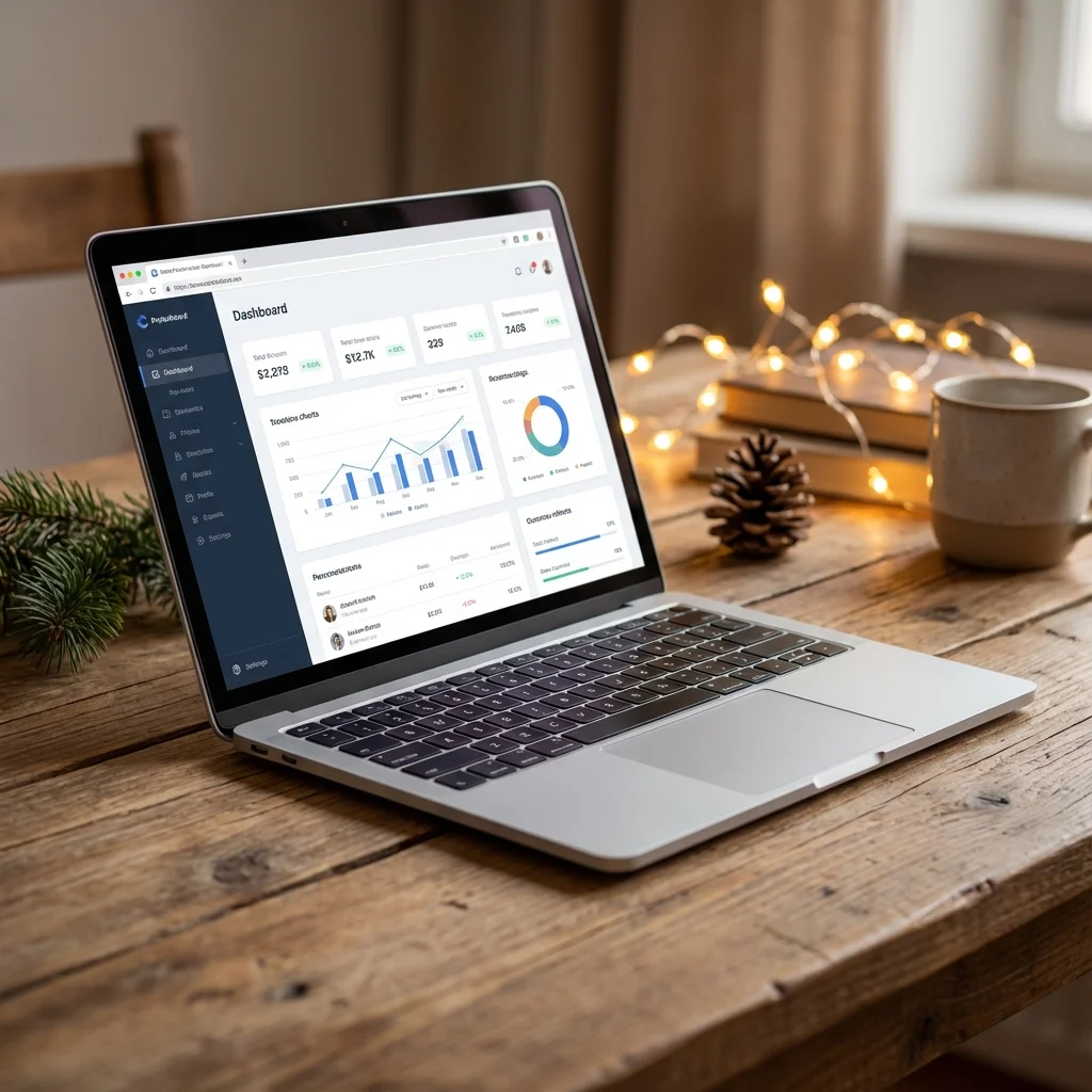 Modern laptop showing a clean website dashboard with subtle Christmas lights in background